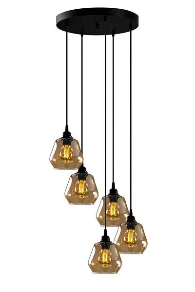 Fer Avize Denzel Special Design Black Color Smoked Glass Pendant Lamp Living Room - Kitchen - Bedroom 5-Piece Chandelier