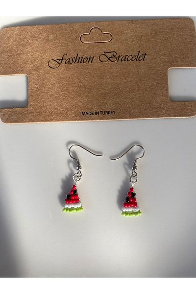 Stoneday Sand Bead Watermelon Slice Silver Detailed Dangle Earrings