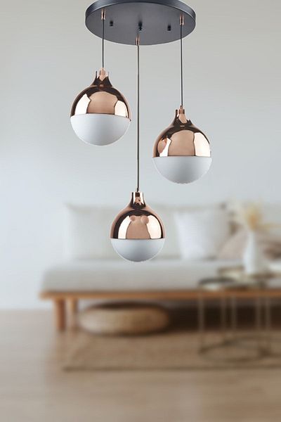 Fer Avize Rima Modern Pendant Lamp Retro Copper Color White Glass Living Room - Kitchen - Bedroom 3-Piece Chandelier