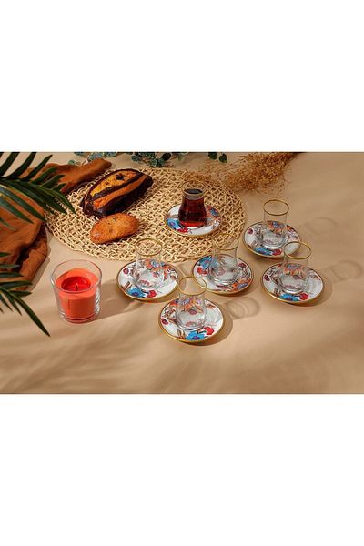 GÜRCÜGLASS مجموعة أكواب الشاي بنمط الزهرة البيضاء تتسع لـ 6 أشخاص