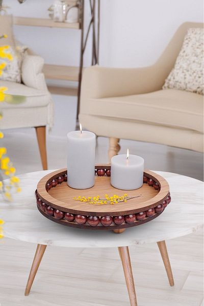 Akkoyunlu home 25 cm Round Wooden Beaded Candle Holder Tray - Bathroom, Home, Decor Tray