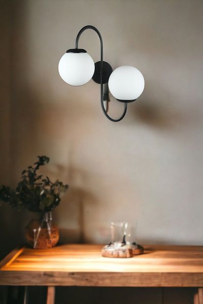 Fer Avize Jupiter Sconce Modern Design Black Color White Glass Cafe - Kitchen - Bedroom - Hall Wall Sconce