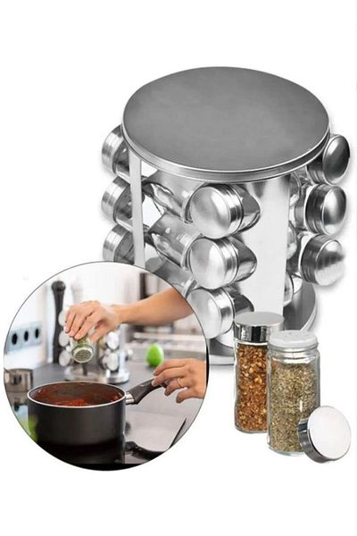 Akkoyunlu home 12-Piece Glass Spice Rack Set with Metal Stand - 360 Degree Rotating, 80-100 L, 13