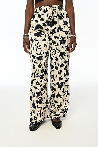 Orfeo Negro Floral Patterned Comfortable Women's Trousers - Wide Leg and Elastic Waist