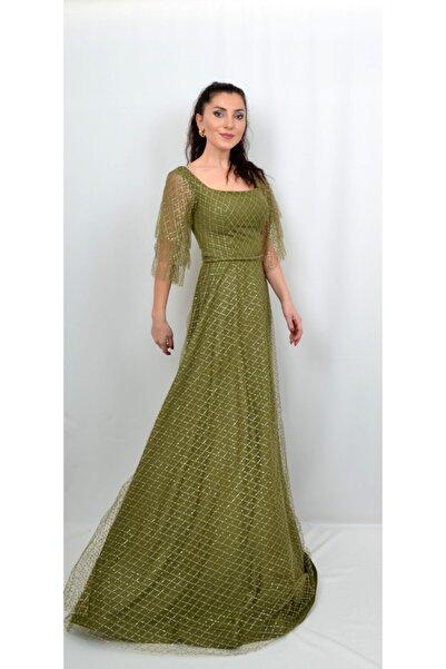 ALİS DRESS Yağ Yeşili Kare Sim Detaylı Abiye