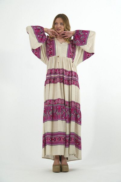 ABBRA Sommerkleid aus 100 % Viskose mit Ballonärmeln und Quasten für Damen