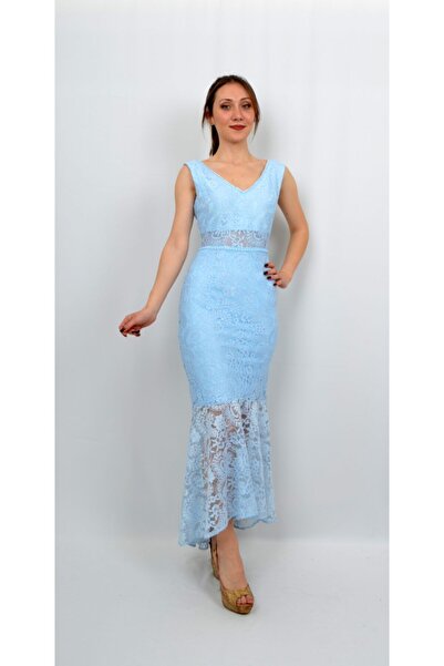 ALİS DRESS Kadın Bebe Mavi Yaka Ve Bel Detaylı Dantel Abiye