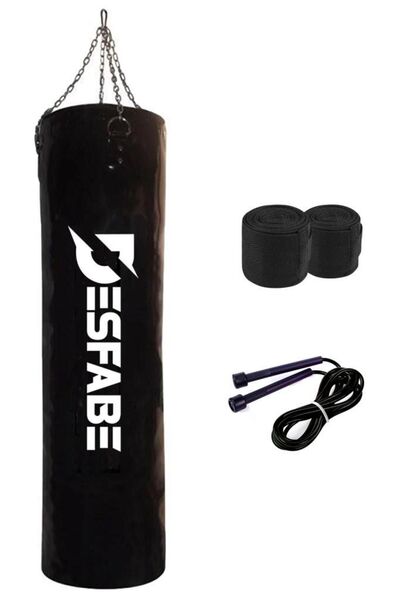 desfabe Boxing Star 120x32 Cm Zincirli Boks Kum Torbası Siyah El Sargı Bandajı Atlama Ipi