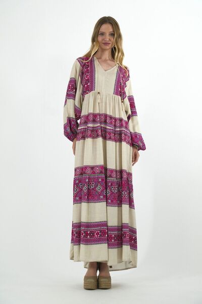 ABBRA Women's Tasseled Balloon Sleeve 100% Viscose Summer Dress