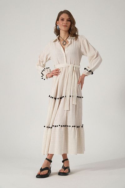ABBRA Women's Pompom Belted Sleeves Elastic 100% Viscose Summer Dress