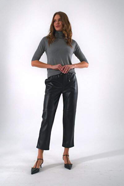ABBRA Women's Elastic Waist Faux Leather Trousers