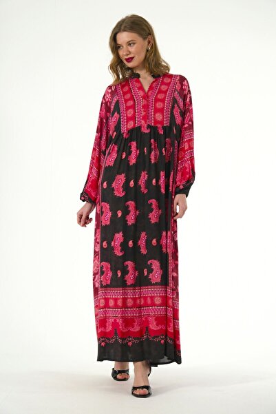 ABBRA Women's High Collar 2-Button 100% Viscose Summer Dress