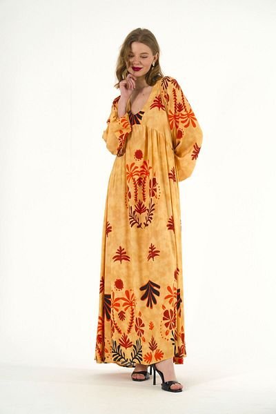 ABBRA Rochie de vară maxi 100% viscoză cu mâneci cu balon pentru femei