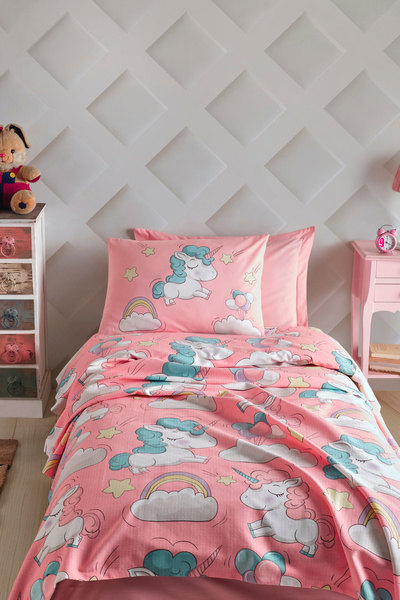 Enlora Home Desenli Pike Seti Tek Kişilik Unicornio Pembe (Pike+Yastık Kılıfı)