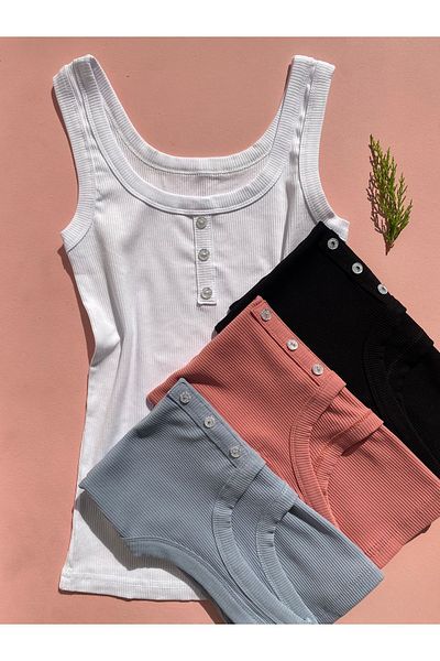 LEYNA BUTİK Women's Corduroy Undershirt - Cotton, Thick Strap, Button Detail, Set of 4 Blue/Black/Dried Rose/White Color
