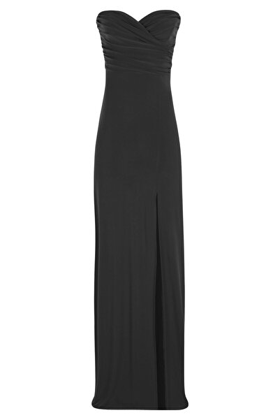 Whenever Company Siyah Kalp Yaka Straplez Derin Yırtmaçlı Önden Drapeli Uzun ...