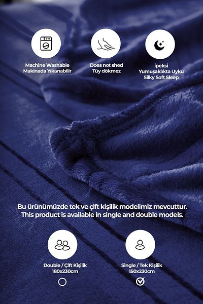 Evlen Home Collection Cuvertura de pat Mayer Supersoft Single - 150x230 Cm, Albastru Inchis Bleumarin