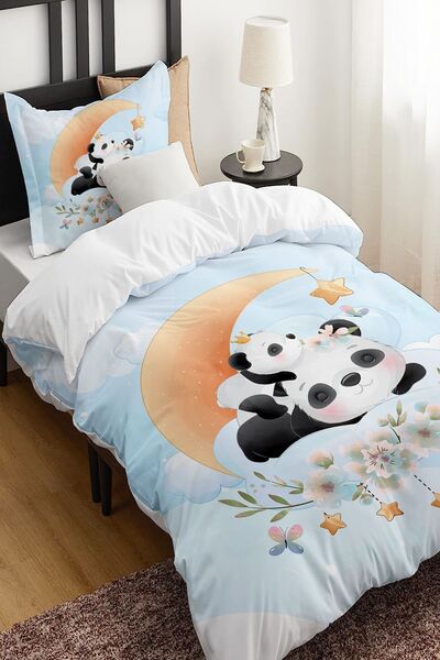 Else Halı Ayda Uyuyan Pandalar Desenli Çarşafsız Tek Kişilik Çocuk Nevresim T...