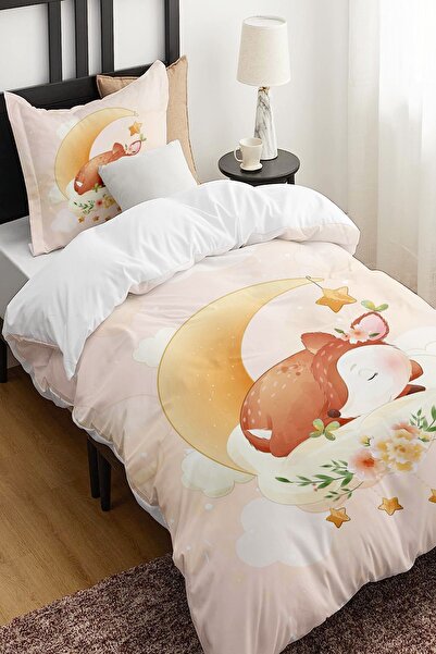 Else Halı Sevimli Uyuyan Ceylan Desenli Çarşafsız Tek Kişilik Çocuk Nevresim Takımı