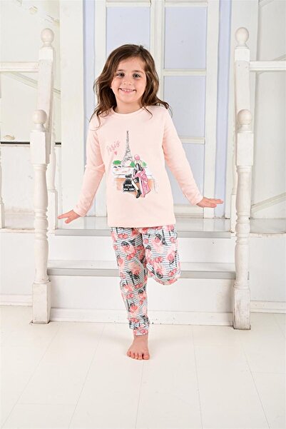 vitmo Girl's Long Sleeve Pajama Set Paris Girl Salmon