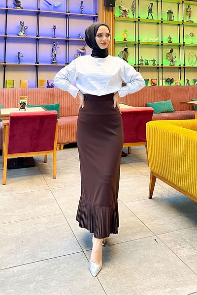 HMT ZEHRA GİYİM Μήκος Hijab (99 CM) Μολύβι βολάν πλισέ φούστα καφέ (38-48 ΜΕΓΕΘΗ) 8 διαφορετικά χρώματα