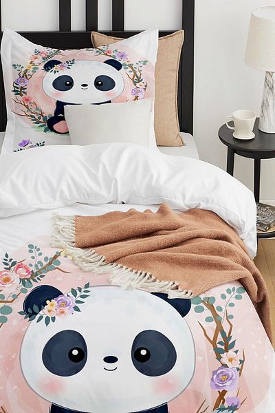 Else Dekor Cute Sitting Panda Patterned Single Children's Duvet Cover Set Without Sheets