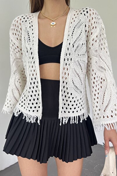 Cistern İstanbul Women's Ecru Tasseled Knitted Seasonal Cardigan with Butterf...