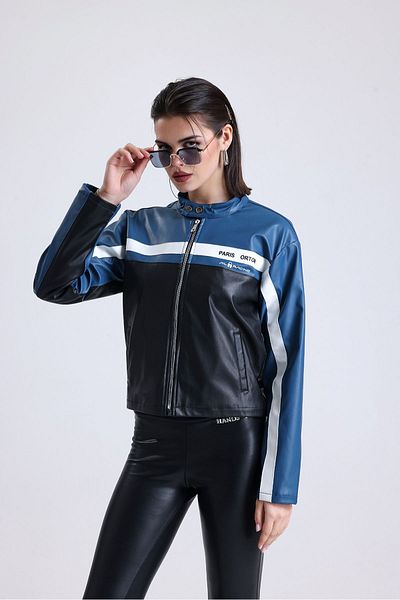 Black Level Jachetă de motociclist imprimată oversize pentru femei, cu fermoar, paltoane de colegiu, din piele, pentru curse, albastru