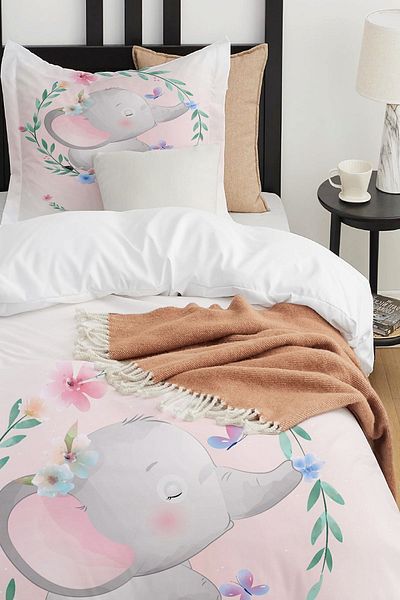 Else Dekor Floral Elephant Animal Patterned Single Children's Duvet Cover Set Without Sheets