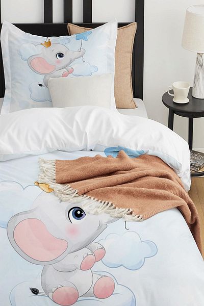 Else Dekor Blue Elephant Star Patterned Single Children's Duvet Cover Set Without Sheets