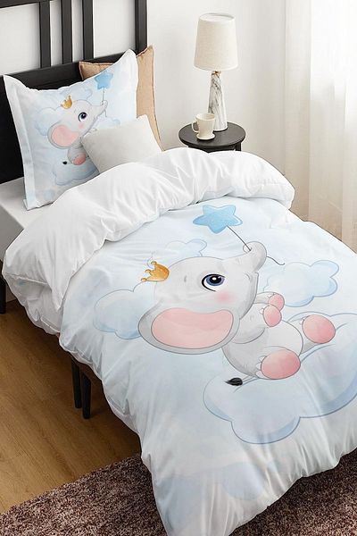 Else Dekor Blue Elephant Star Patterned Single Children's Duvet Cover Set Without Sheets