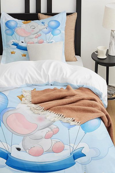 Else Dekor Blue Elephant Balloons Patterned Single Children's Duvet Cover Set Without Sheets