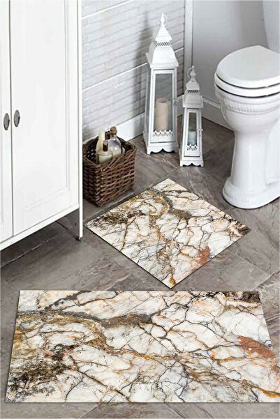 MEKTA HOME 3 Boyutlu Mermer Taşlı 2 Li Banyo Paspas Takımı