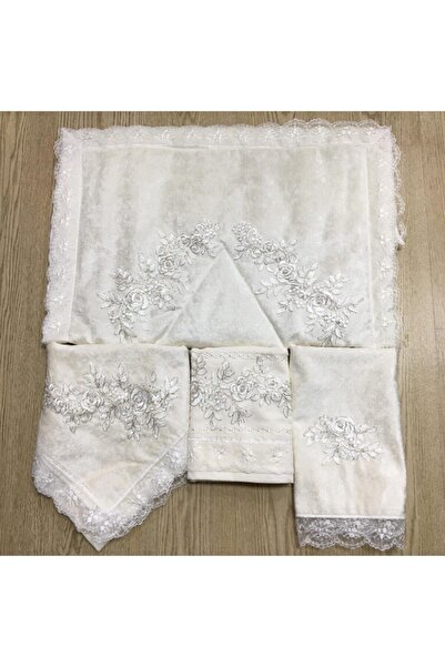 Aksuhome Kadife Seccade Takımı 4 Parça Fransız Güpürlü Bohça Seti