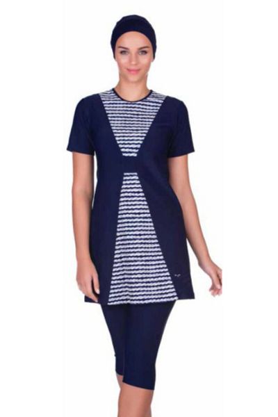 Seamark Women's Navy Blue Knitted Patterned Half Hijab Swimsuit