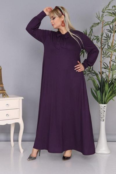 LİKRA Women's Purple Plus Size Bow Collar Sleeves Cuff Viscose Dress