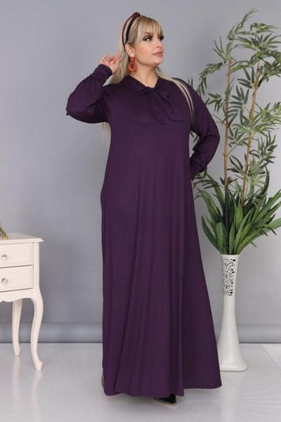 LİKRA Women's Purple Plus Size Bow Collar Sleeves Cuff Viscose Dress