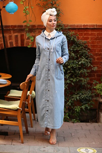 benguen 7563 cu glugă cu buton? Șapcă sport din denim - Albastru închis