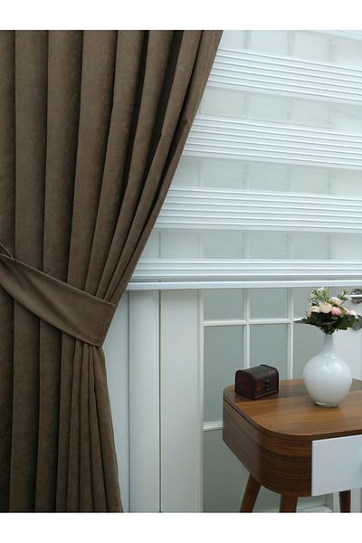 Esse Home Κουρτίνα με απλό φόντο καφέ, 70x260, 1/3 στενή πιέτα, πλισέ, μονό φτερό