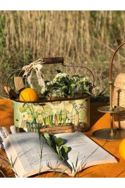 Handmadesign Yeşil Soft Çiçekli Galvaniz Çok Amaçlı Bölmeli Sepet / Organizer...