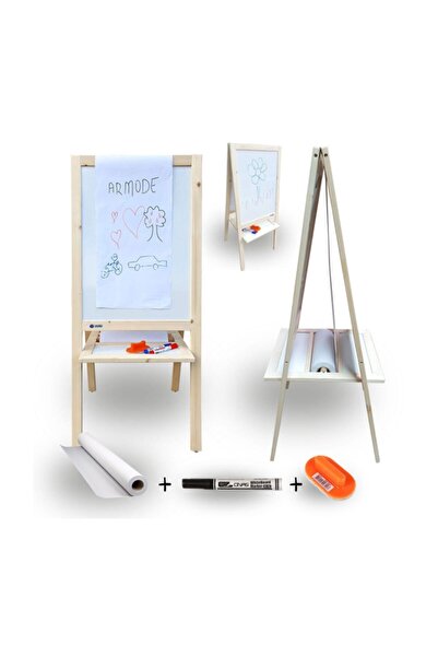 AR MODE Yeni Rulo Kağıtlı Çift Taraflı Ayaklı Ahşap Çocuk Yazı Tahtası Beyaz