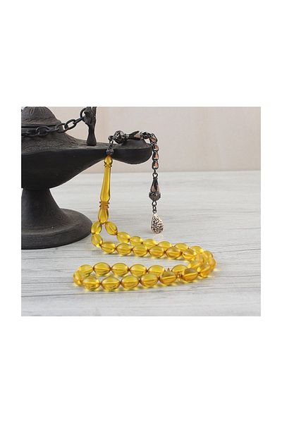 Tesbihsepetim Silver Tasseled Rodaj Coated Clamping Amber Prayer Beads
