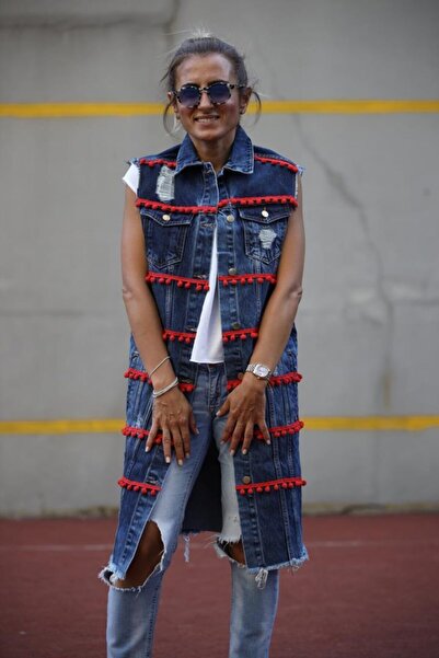 Lady Didi Fashion Kadın Mavi Kırmızı Ponponlu Uzun Jean Yelek
