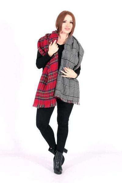 Gözde Women's Red Scottish Pattern Double Sided Scarf