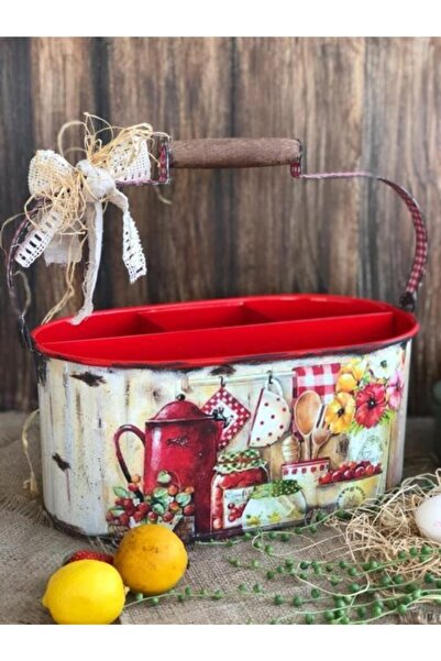 Handmadesign Kırmızı Mutfak Temalı Fincan Galvaniz Çok Amaçlı Bölmeli Sepet/ ...