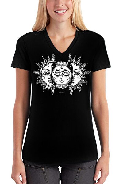 ROCKANDROLL Tricou cu mânecă scurtă cu decolteu în V, Black Moon Sun, pentru ...