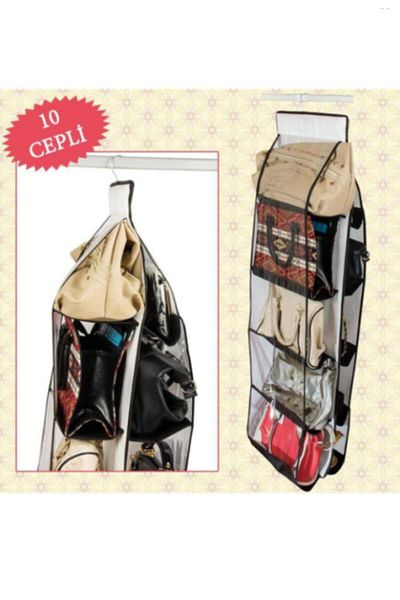 Carneil Rotatable In-Cabinet Bag Organizer with 10 Transparent Compartments and Hanger Ns374