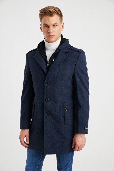 DYNAMO Чоловіче темно-синє пальто Yun зі змішаним візерунком у вигляді чаші з капюшоном на блискавці та ґудзиках