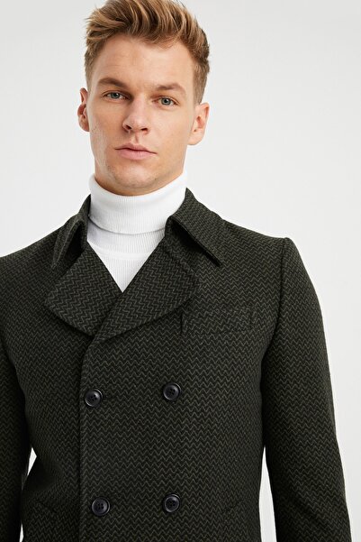 DYNAMO Pánské khaki vlněné vzorované razítko s dvojitým zapínáním