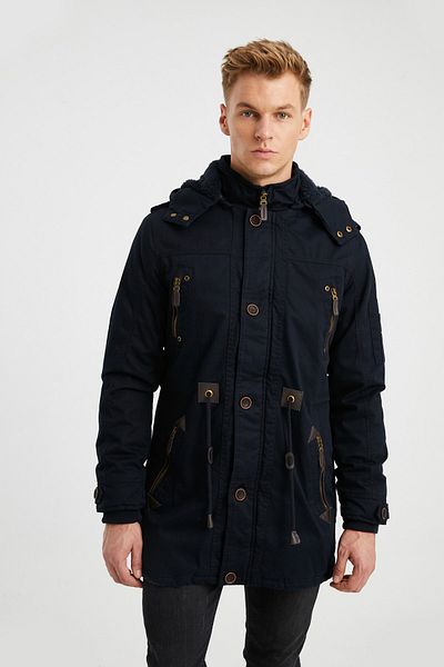 DYNAMO Ανδρικό παλτό Navy Blue Large Size με ψεύτικη γούνα με αδιάβροχη επένδυση